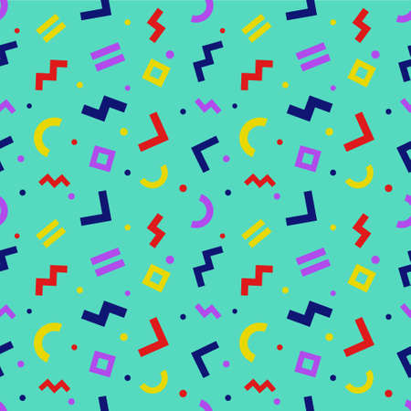 Memphis style seamless pattern. Colorful geometric chaotically oriented shapes background with light backdrop. Vector. Wrapping paper texture. Abstract cover design. Pattern template in swatches panelのイラスト素材