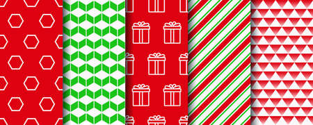 Christmas seamless patterns set. Festive seamless with xmas, candycane stripes and geometric fabric...