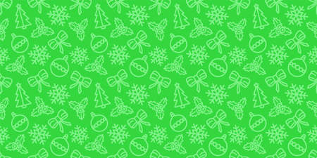 Christmas seamless pattern. New year vector texture. Festive seamless green background with xmas icons. Holiday wrapping paper ornament. Christmas bells, socks and trees in fabric repeatable designのイラスト素材