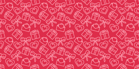 Valentines day seamless pattern. Love holiday vector texture. Festive red background with valentine's day icons. Wrapping paper ornament. Hearts, gifts and bows in fabric repeatable designのイラスト素材