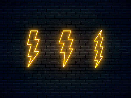 Neon lightning bolt set. High-voltage thunderbolt neon symbol. Thunder and electricity sign. Banner design, bright advertising signboard elements. Vector illustration. Electric discharge.のイラスト素材