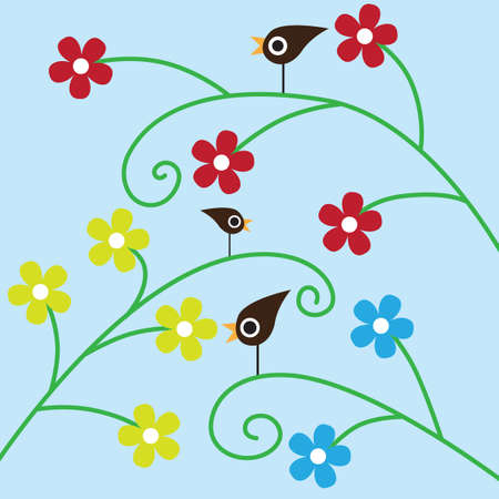 three birds sitting on the flowersのイラスト素材