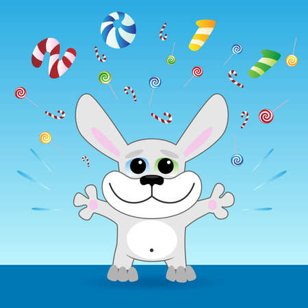 Christmas Rabbit throwing up colorful candiesのイラスト素材