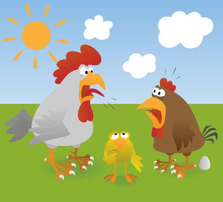 Rooster, hen, chicken and eggのイラスト素材