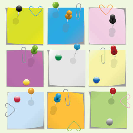 Multicolored note paper with push pins and clips collectionのイラスト素材