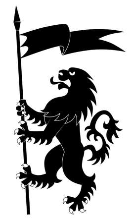Silhouette of standing heraldic lion with flagのイラスト素材