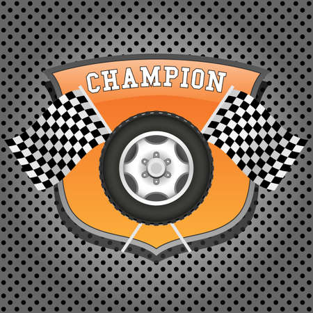 Wheel and checkered flags on orange shieldのイラスト素材