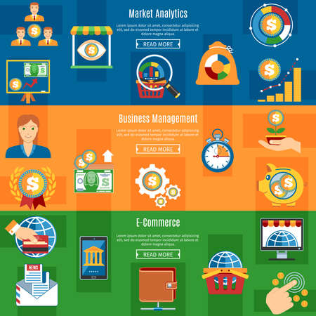 Colorful Business Flat Horizontal Banners Set. Market Analytics. Business Management. E-Commerce. Business Objects And Web Elements Collection. Vector Illustrationのイラスト素材