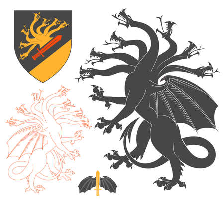 Black Hydra Illustration For Heraldry Or Tattoo Design Isolated On White Background. Heraldic Symbols And Elementsのイラスト素材