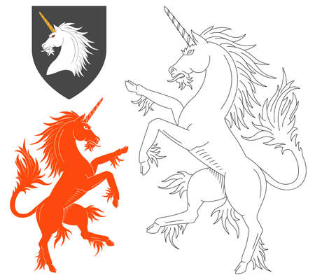 Rampant Unicorn Illustration For Heraldry Or Tattoo Design Isolated On White Background. Heraldic Symbols And Elementsのイラスト素材