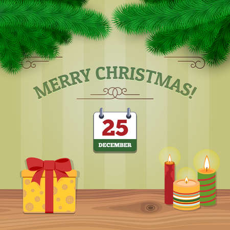 Christmas Background With Fir Branches, Calendar, Candles And Gift Box. Vector Illustration.のイラスト素材