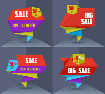 Sale Vector Banners Set in Paper Origami Style. Abstract background. Sale, Special Offer, Fifty Percents off Tags for Markets, Stores and Shops.のイラスト素材