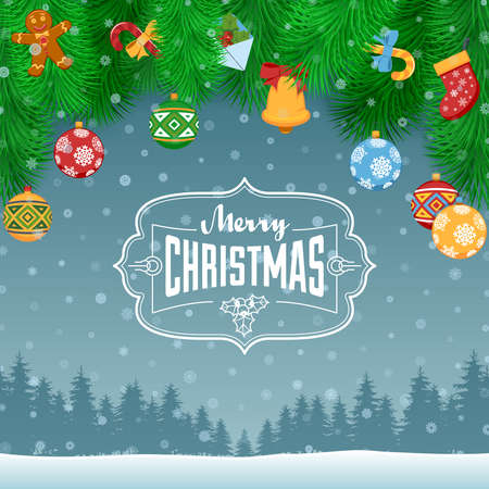 Christmas Background With Fir Branches Toys And Balls. Vector Illustration.のイラスト素材