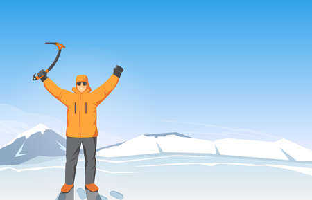 Man with Raised Hands on a Background of Mountains. Expedition . Modern Design Illustrationのイラスト素材