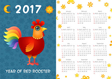 Calendar Template 2017 with Patterned Rooster. Illustration of Red Rooster.のイラスト素材