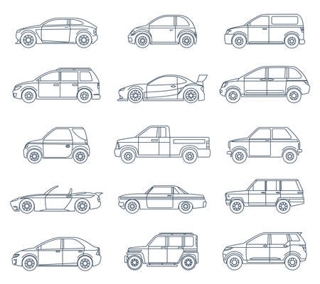 Car Icons in the Linear Style. Transport Icons Outline Stroke on White Background. Vector Illustrationのイラスト素材