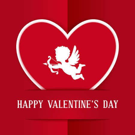 Happy Valentines Day Congratulations Card. Paper Heart with Cupid on Red Background. Vector...