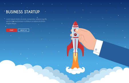 Business Startup Banner Concept in Flat Line Style. Man Holding In Hand A Starting Rocket. Vector illustrationのイラスト素材