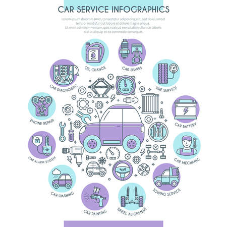 Car Service Infographics with Icons. Web Design Concept in Flat Line Style. Vector illustrationのイラスト素材