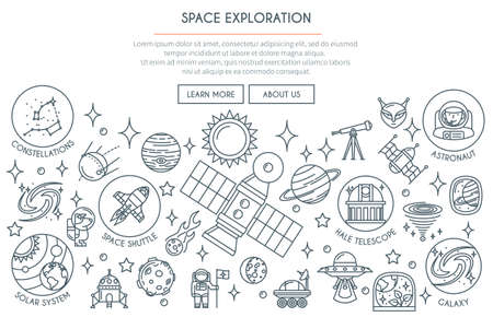 Space Exploration Banner with Icons. Web Design Concept in thin Line Style. Vector illustrationのイラスト素材