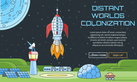 Flat vector web pattern on the theme of distant worlds colonization. Modern flat illustration with...