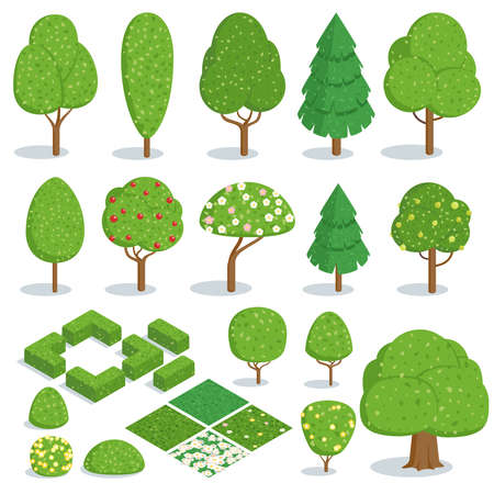 Isometric trees icons set. Elements for landscape design. Green grass and bushes isolated on white background. Highly detailed vector illustrationのイラスト素材