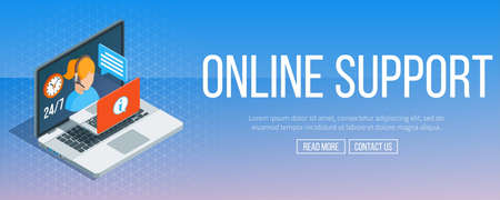Online support banner. Flat female support and client service staff worker. Isometric concept. Highly detailed vector illustrationのイラスト素材