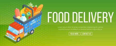 Food delivery service banner. Truck with a shopping basket. Isometric concept. Highly detailed vector illustrationのイラスト素材