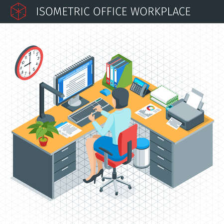 Isometric office workplace icons set. Businesswoman working in the office. Highly detailed vector illustrationのイラスト素材