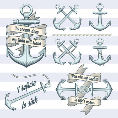Set of vintage anchors with ropes and ribbons. Handdrawn vector design elements.のイラスト素材