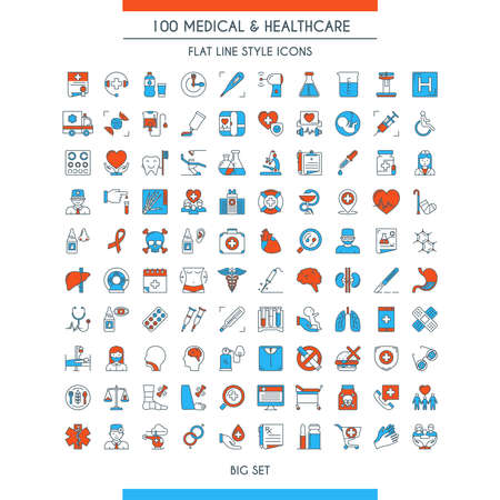 Medical and healthcare icons set. Modern icons on theme health insurance, medical service, healthcare, cardiology, pharmacy, medical equipment and first aid. Flat line design icons collection vector illustration.のイラスト素材