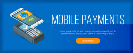 Mobile payment banner. Image of payment terminal and mobile phone. Isometric concept. Highly detailed vector illustrationのイラスト素材