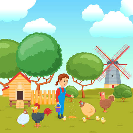 Cartoon concept on a agricultural theme. Rural scene with woman and poultry. Poultry yard. Vector illustrationのイラスト素材