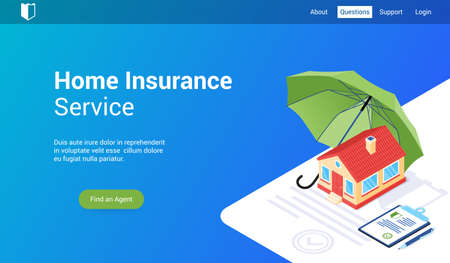 Isometric landing page template for home insurance. Vector illustration mock-up for website and mobile websiteのイラスト素材