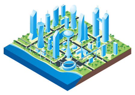 Isometric futuristic cityscape. Vector illustration of city with buildings, cars and treesのイラスト素材