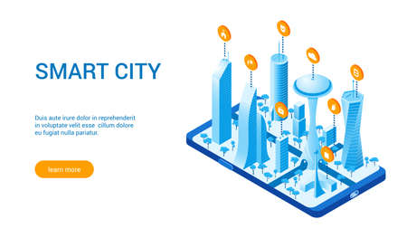 Isometric template for smart cityscape. Vector illustration of city with buildings, cars and treesのイラスト素材