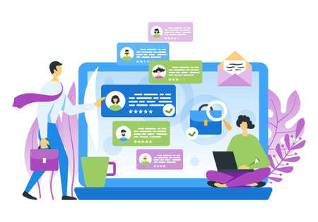 Job search concept. woman looking for work on the Internet. Vector flat illustrationのイラスト素材