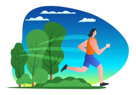 Young man running in a city park. Have a nice running day. Modern vector illustrationのイラスト素材