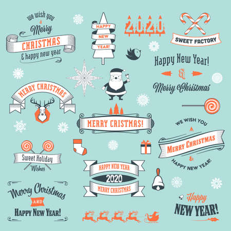 Set of Merry Christmas and Happy New Year emblems an labels. Vector illustrationのイラスト素材
