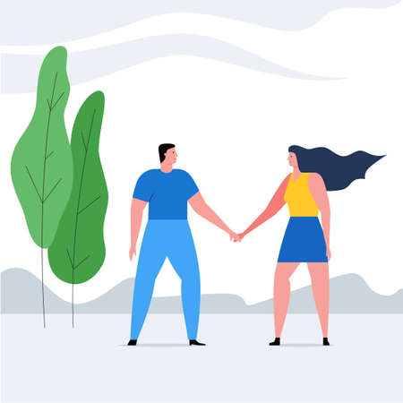 Romantic couple concept. Man and woman hold hands of each other. Romantic date cartoon banner. Flat Vector Illustrationのイラスト素材