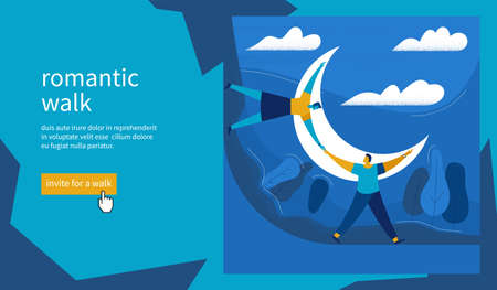 Romantic walk concept. Man and woman walk in the moonlight. Romantic date cartoon banner. Flat Vector Illustrationのイラスト素材