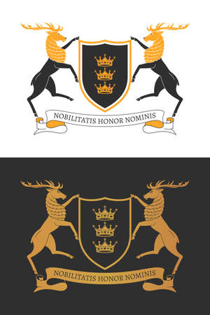 Coat of the arms. Two noble deers hold a shield. Color and two-tone versions. Vintage design heraldic symbols and elementsのイラスト素材