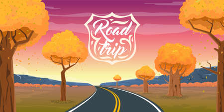 The road goes into the distance through the forest on a background of a beautiful autumn landscape. Road trip sign. Cartoon vector illustration