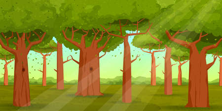 Sun rays falling deep into a thick forest. Cartoon vector illustrationのイラスト素材