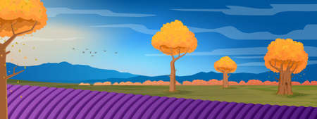Wide panorama rural countryside in spring or summer. Lavender field, mountains and trees. Vector illustrationのイラスト素材