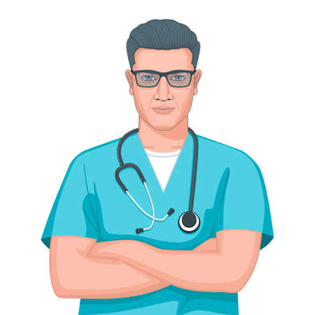 Portrait of a Caucasian male doctor wearing a lab coat with stethoscope, standing with arms crossed. Realistic vector illustrationのイラスト素材