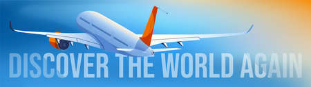 Passenger airplane taking off at sunset. Horizontal banner. Vector illustrationのイラスト素材