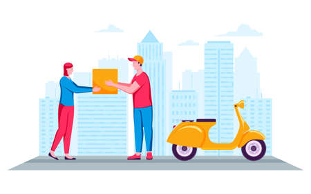 Woman receiving parcel from delivery man on a city background. Fast delivery package. Side view of young man and woman. Cartoon vector illustrationのイラスト素材