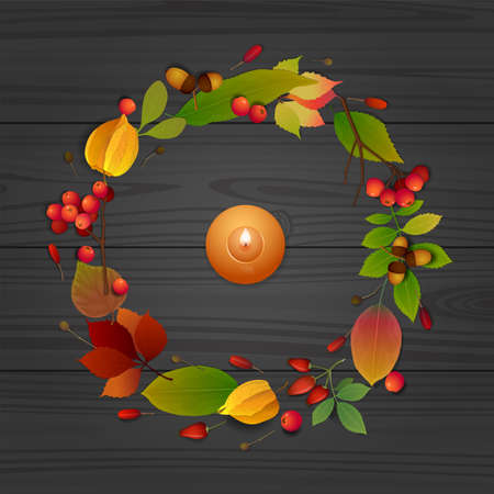 Autumn composition with candle on wooden tableのイラスト素材