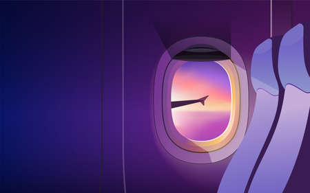 View from airplane window. Wing of an airplane flying above the clouds at sunset. Realistic vector illustrationのイラスト素材